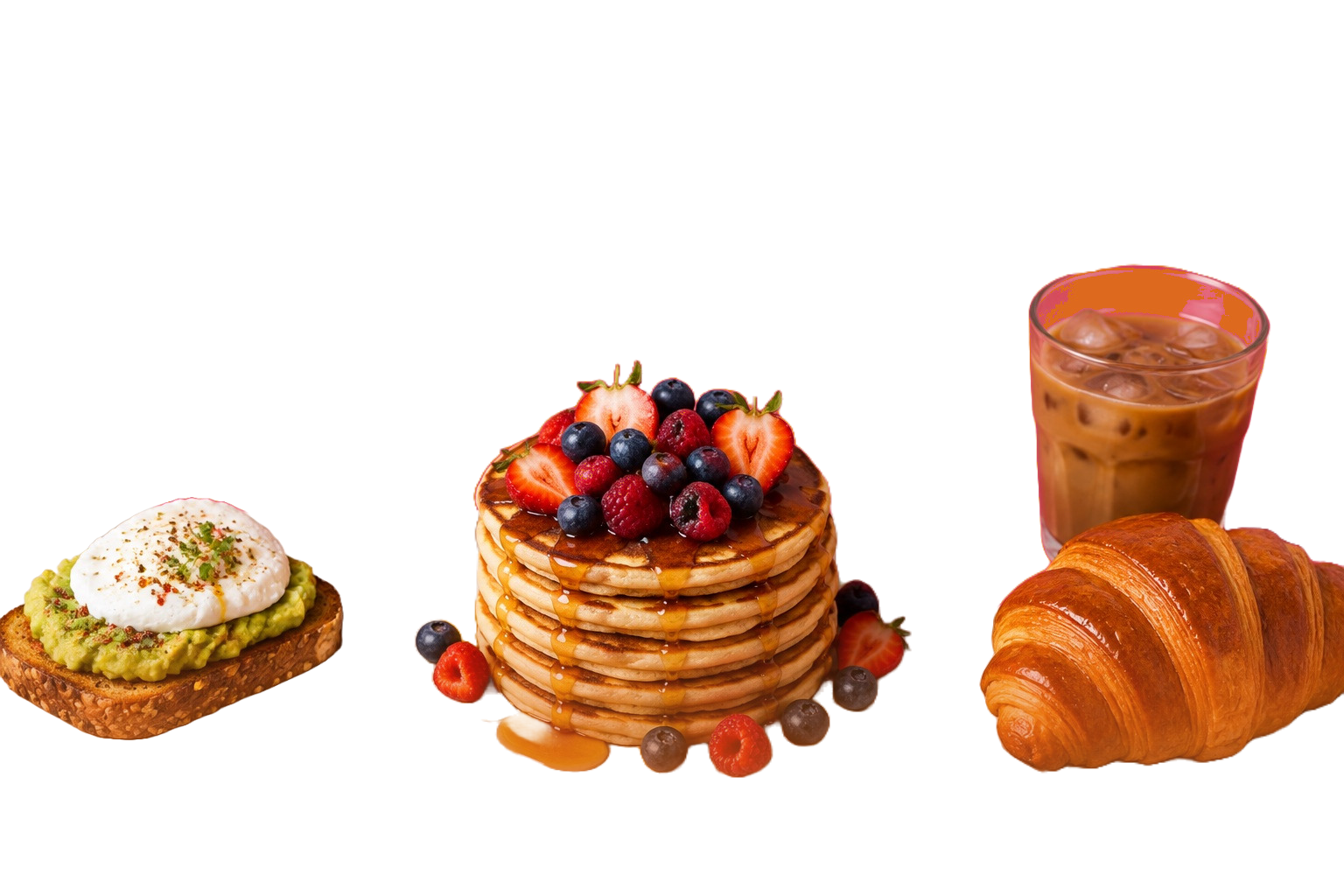 Pancakes, tartine d'avocat et croissant sur une table, ambiance brunch.